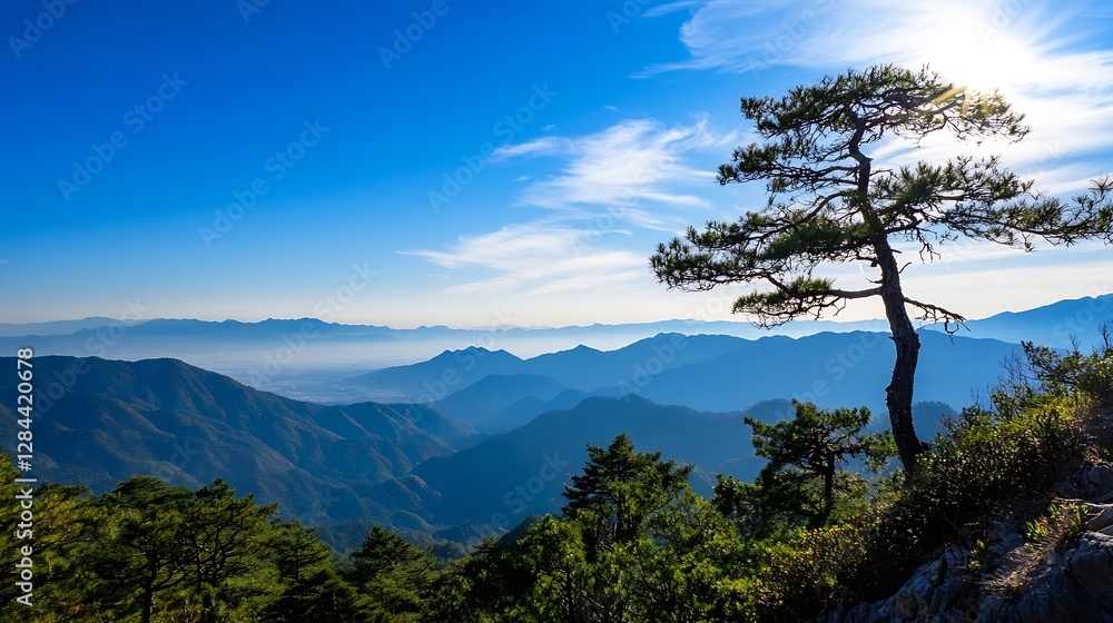 Obraz premium Breathtaking mountain landscape under clear blue sky with lone tree in the foreground : Generative AI