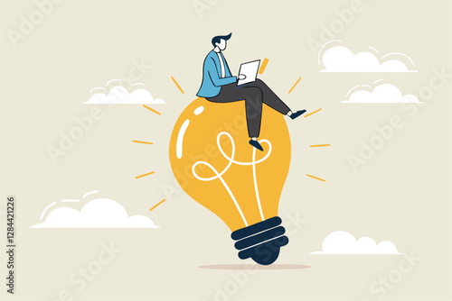 Entrepreneur solution, creative idea to solve work problem, success discover new innovation concept, smart businessman working with computer laptop on bright light bulb
