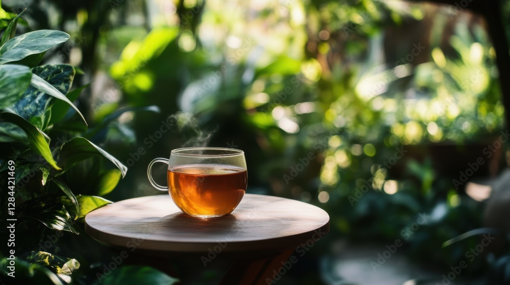 Moderate drinking with a glass of tea at a peaceful garden. Featuring tranquility and moderation Moderate drinking with a glass of tea at a peaceful garden. Featuring tranquility and moderation