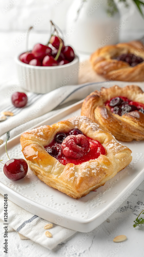 Danish pastry with cherry filling on a white backdrop. ideal for a copy space image. Danish pastry with cherry filling on a white backdrop. ideal for a copy space image.