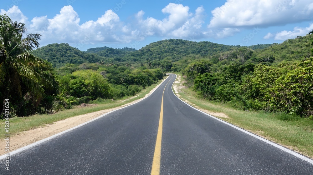 Scenic view of a winding road through lush greenery and rolling hills under a bright sky with fluffy clouds : Generative AI Scenic view of a winding road through lush greenery and rolling hills under a bright sky with fluffy clouds : Generative AI