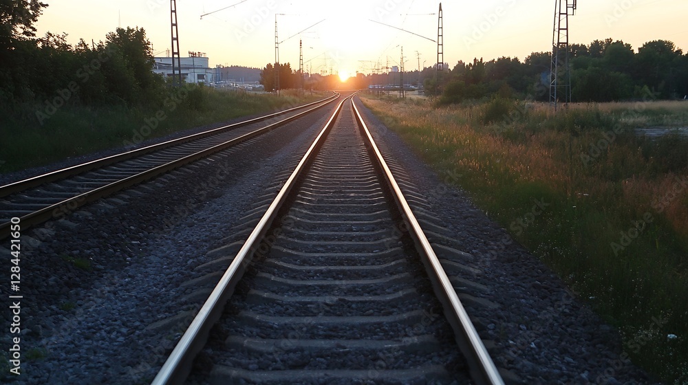 Obraz premium Rails stretching towards the horizon illuminated by a golden sunset creating a serene transportation scene : Generative AI