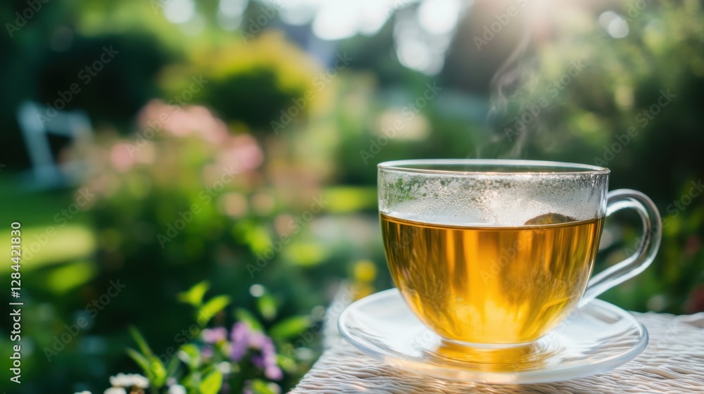 Moderate drinking with a glass of tea at a quiet garden retreat. Featuring peace and moderation Moderate drinking with a glass of tea at a quiet garden retreat. Featuring peace and moderation