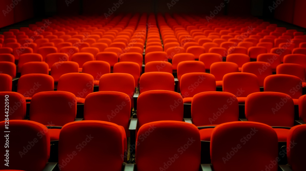 A red movie theater with empty seats A red movie theater with empty seats