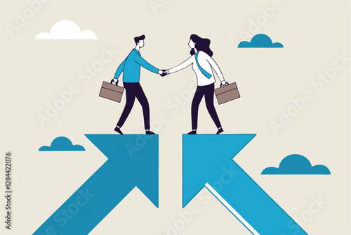 Cooperation partnership, work together for success, team collaboration, agreement or negotiation, collaborate concept, businessmen handshake on growth arrow joining connection agree to work