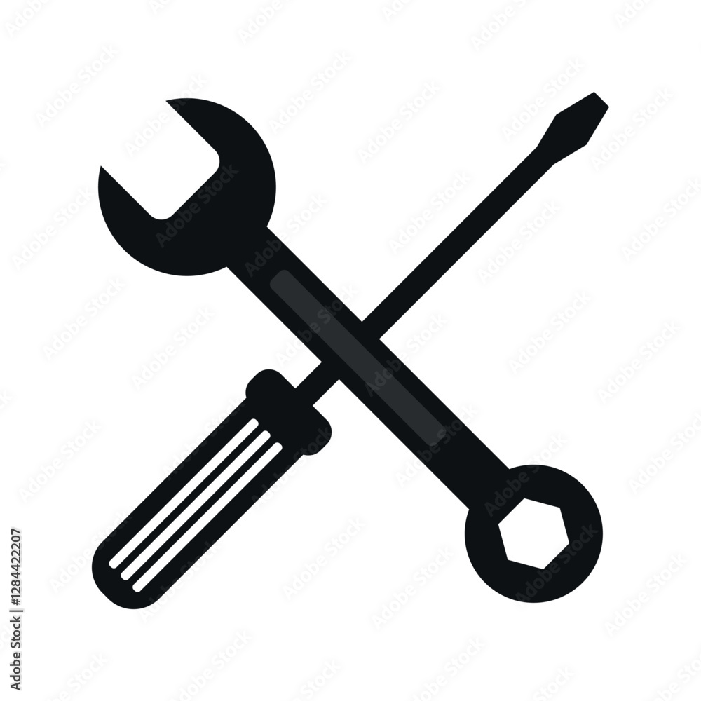 Crossed screwdriver and wrench tool icons in black and white, symbolizing mechanical repair, maintenance, and fixing Crossed screwdriver and wrench tool icons in black and white, symbolizing mechanical repair, maintenance, and fixing