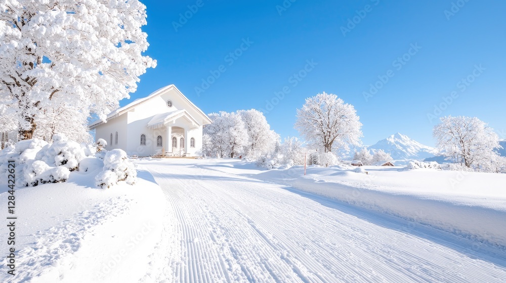 Naklejka premium Snowy road leads to winter chapel, mountains background, postcard