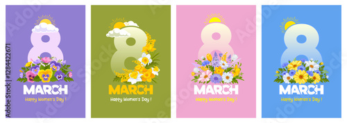 Happy International Women's day 8 March. Banner or greeting card templates set with number eight and a lot of colorful spring garden flowers and wildflowers. Cartoon Vector illustration