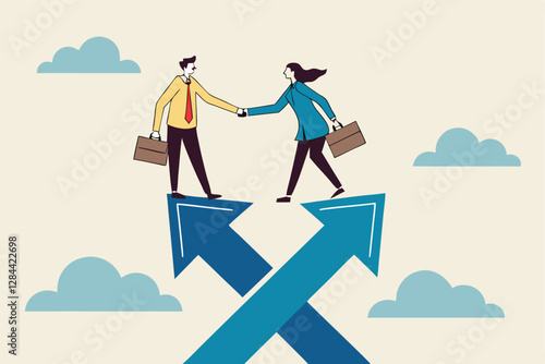 Cooperation partnership, work together for success, team collaboration, agreement or negotiation, collaborate concept, businessmen handshake on growth arrow joining connection agree to work