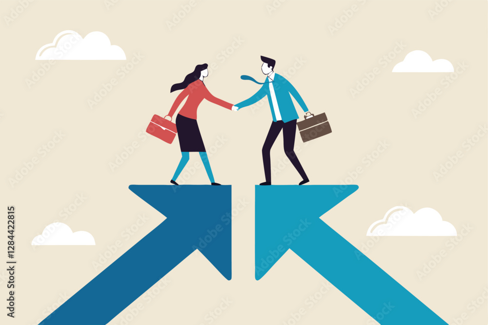 Fototapeta premium Cooperation partnership, work together for success, team collaboration, agreement or negotiation, collaborate concept, businessmen handshake on growth arrow joining connection agree to work
