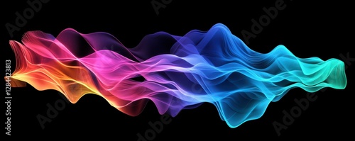 Colorful abstract wave pattern with flowing gradient light trails on black background