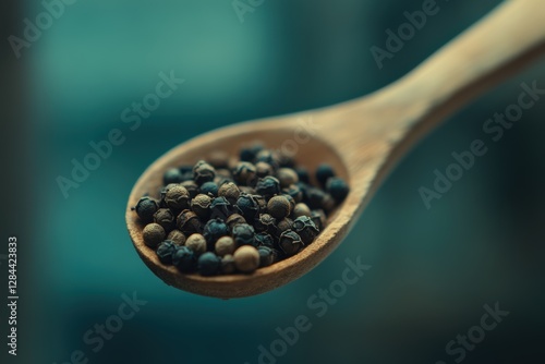 Wooden spoon filled with black peppercorns against a blue background photo