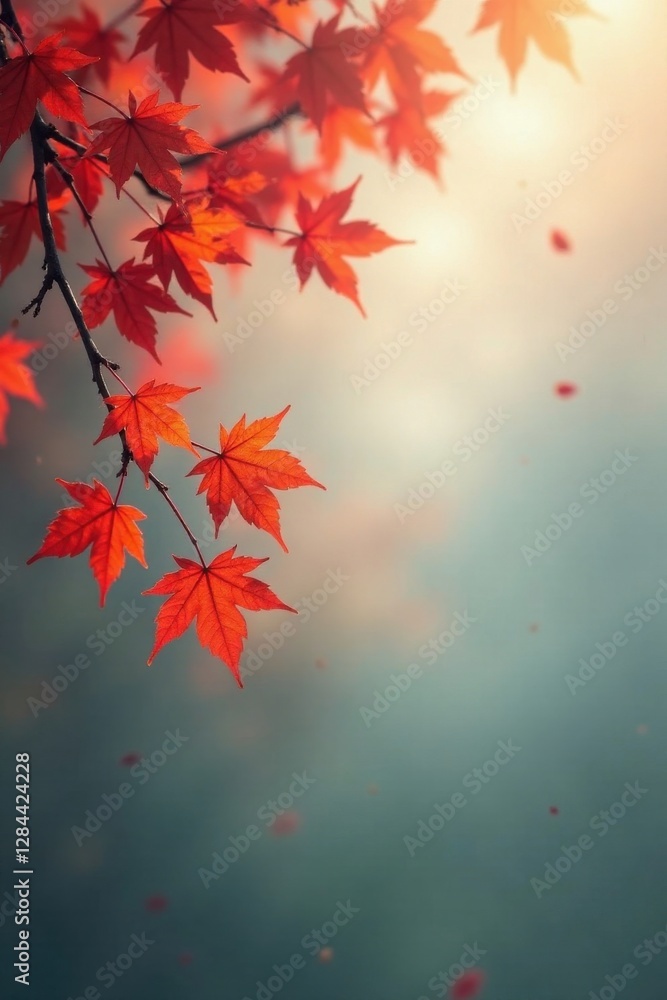 Autumnal Serenity Vibrant Red Maple Leaves Against a Soft, Blurred Background of Falling Leaves and Gentle Light Autumnal Serenity Vibrant Red Maple Leaves Against a Soft, Blurred Background of Falling Leaves and Gentle Light