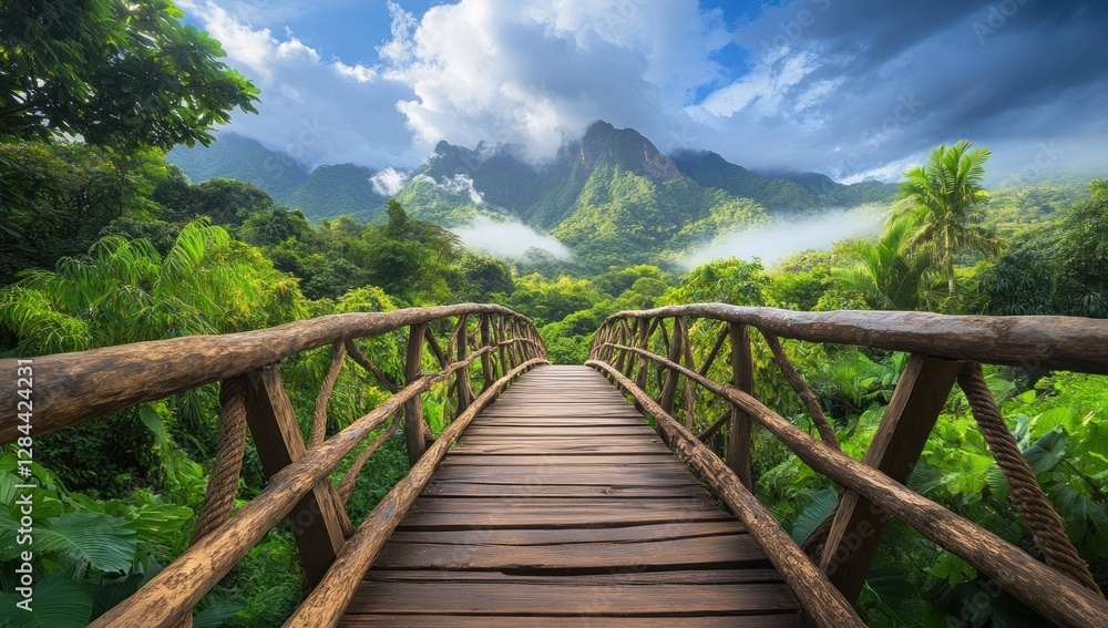 Fototapeta premium Wooden Bridge Over Lush Tropical Landscape, Majestic Mountains, Serenity in Nature