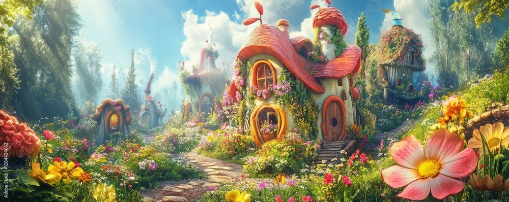 Fototapeta premium Whimsical fairy tale village with vibrant flowers and enchanted cottages