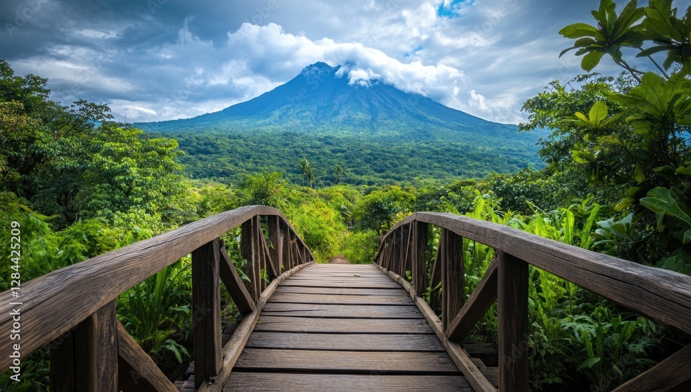 Fototapeta premium Wooden Bridge Leading to Majestic Volcano and Lush Rainforest