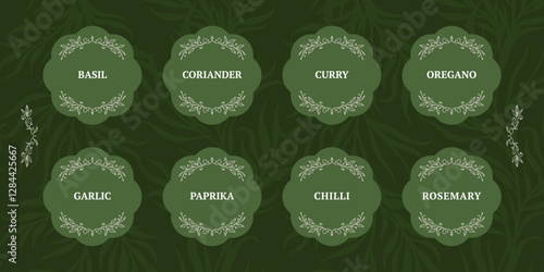 green vintage stickers with leaf decor for signing the names of spices in the kitchen. sticker pack for the pantry
