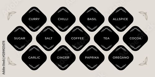 minimalistic rich spice stickers in black color. kitchen sticker pack for organizing storage. curry, chili, basil, tea, coffee