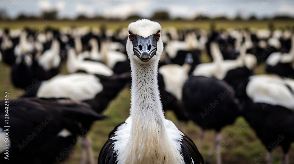 Fototapeta premium Majestic Crane Staring Proudly Amidst a Large Flock in a Natural Landscape : Generative AI