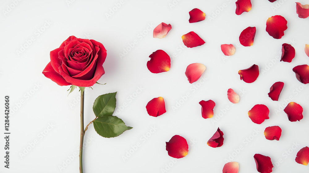 Vibrant red rose on white background with scattered petals Vibrant red rose on white background with scattered petals