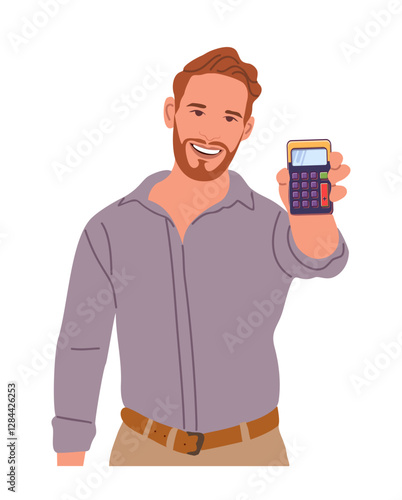 Man showing, holding a calculator in the hands. Economics, calculations, accounting, Finance, banking, investment and savings concept. Colorful vector illustration isolated 