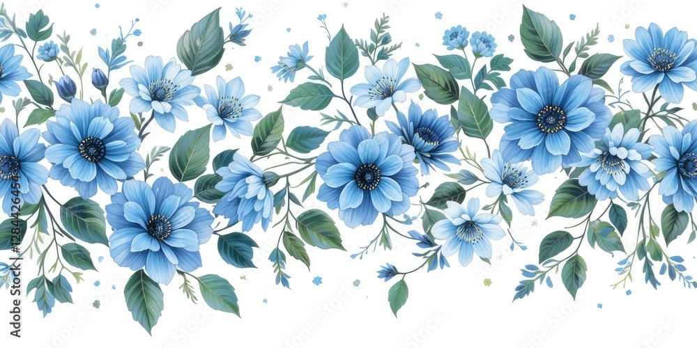 Fototapeta premium Blue Flowers Border Arrangement with Green Leaves on White Background
