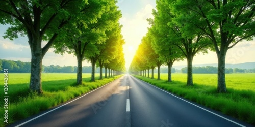 Asphalt road lined with lush green trees leading towards a vibrant sunrise over a tranquil meadow