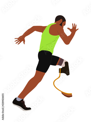 Young sports man with disability running. Male athlete with prosthetic leg participating in competition. Inclusive Healthy lifestyle concept. Vector illustration isolated