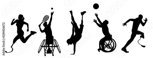 Silhouettes of diverse sport people with disabilities. Athletes with prosthetic legs, in wheelchairs participating in competition, running, playing tennis, basketball. Vector illustration isolated.
