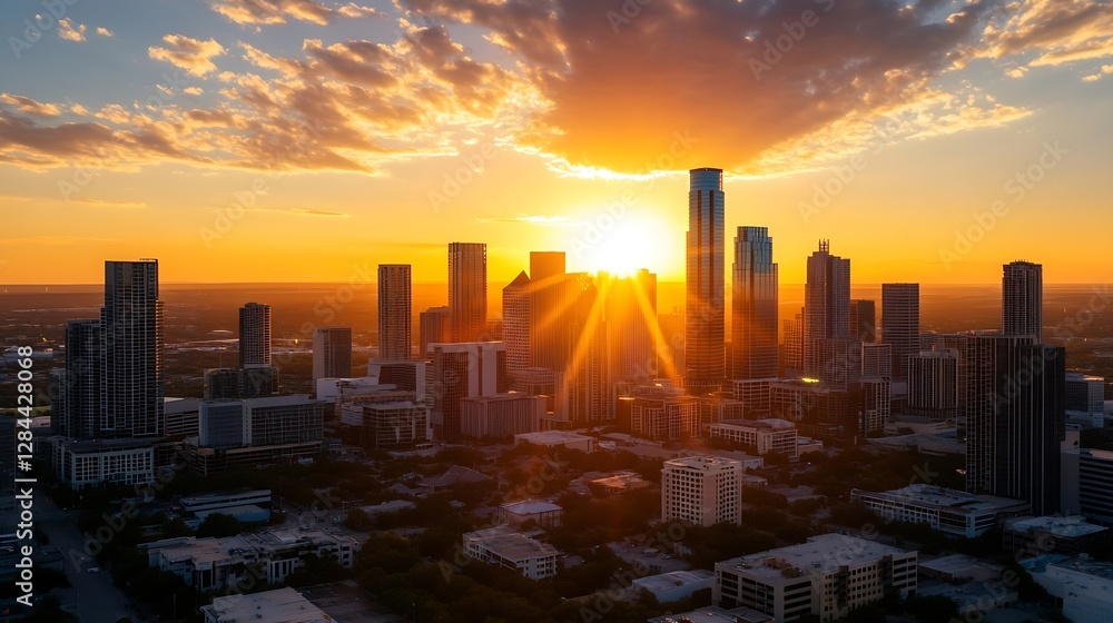 Obraz premium Stunning Aerial View of a City Skyline at Sunset with Glowing Skyscrapers and Colorful Sky : Generative AI