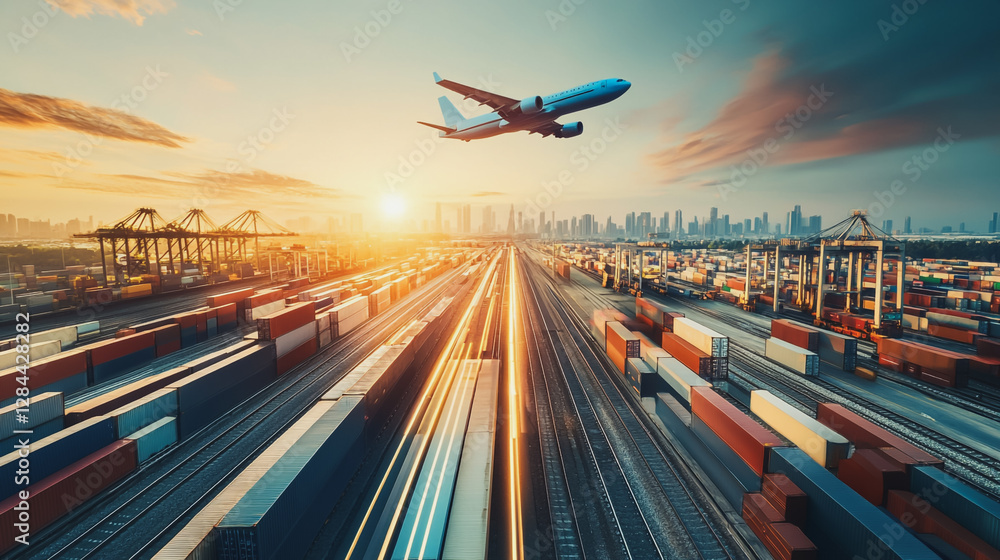Global business of Container Cargo freight train for Business logistics concept, Air cargo trucking, Rail transportation and maritime shipping, Online goods orders worldwide. Container truck in ship Global business of Container Cargo freight train for Business logistics concept, Air cargo trucking, Rail transportation and maritime shipping, Online goods orders worldwide. Container truck in ship