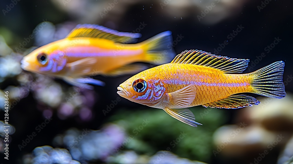 Two beautiful colorful fish swimming in an aquarium setting Two beautiful colorful fish swimming in an aquarium setting