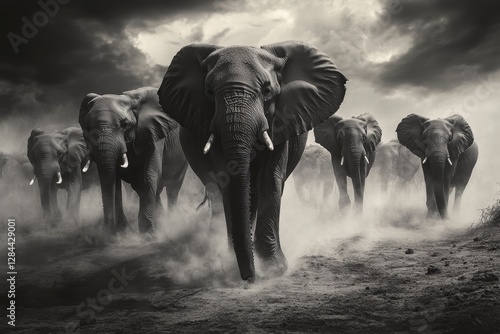 Large Mammals Crossing Dusty Terrain Under a Dramatic Sky