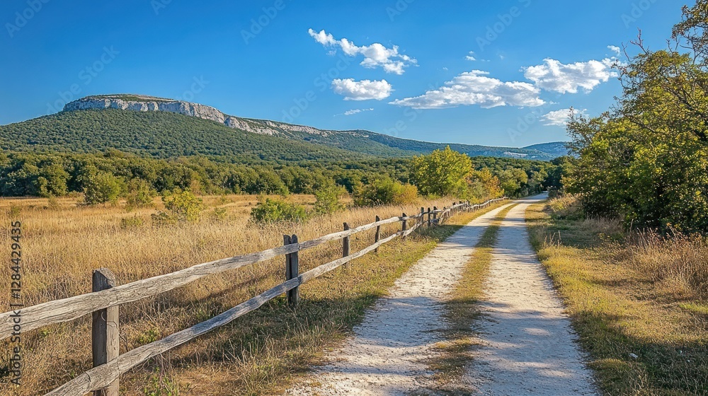 Sunny day landscape with a gravel road, wooden fence, and mountain in the background. Sunny day landscape with a gravel road, wooden fence, and mountain in the background.