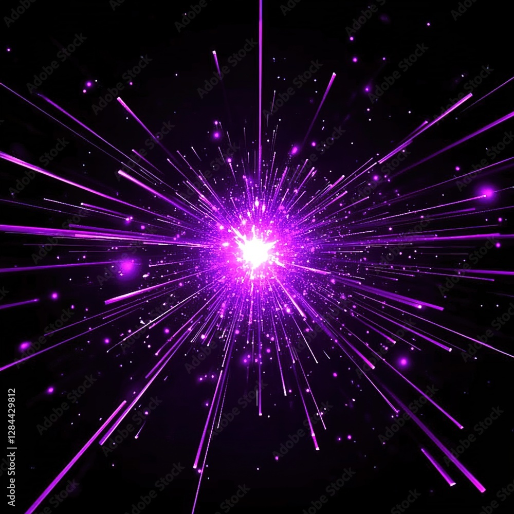 Naklejka premium Black background, purple light rays exploding outward from the center of an explosion effect.