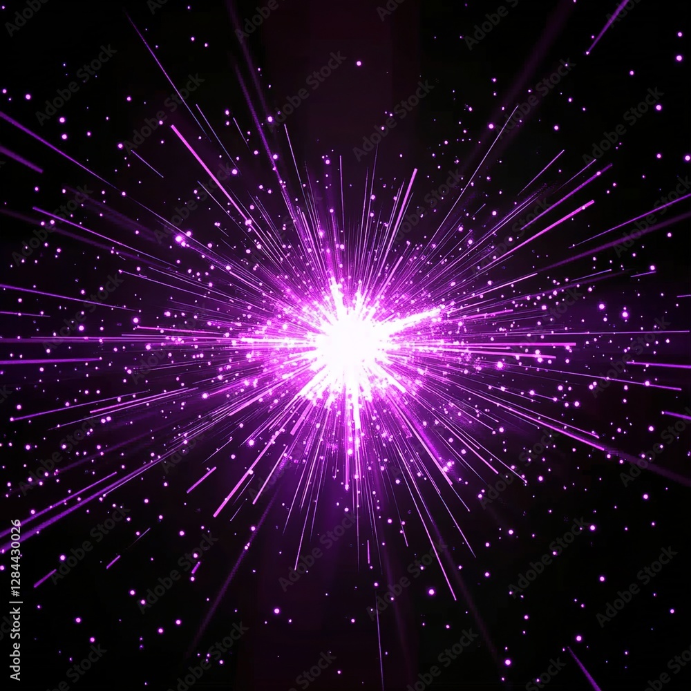 Fototapeta premium Black background, purple light rays exploding outward from the center of an explosion effect.