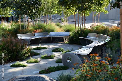 A public sitting area with modular, movable furniture made from recycled aluminum and surrounded by drought-resistant plants. photo