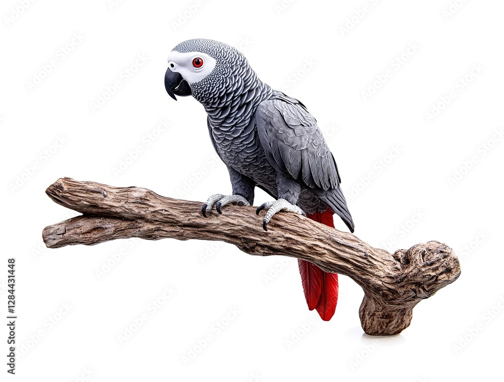 Fototapeta premium Realistic African Grey parrot sitting on a branch, isolated against a white background.