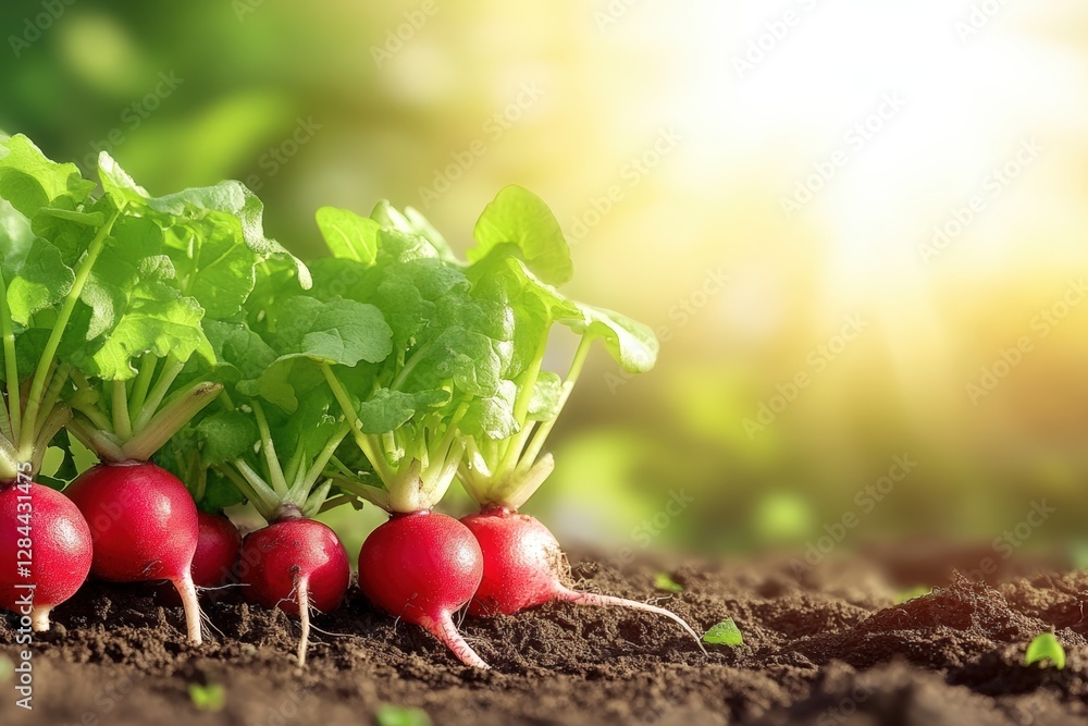 Fresh red radishes growing in sunlit garden soil Fresh red radishes growing in sunlit garden soil