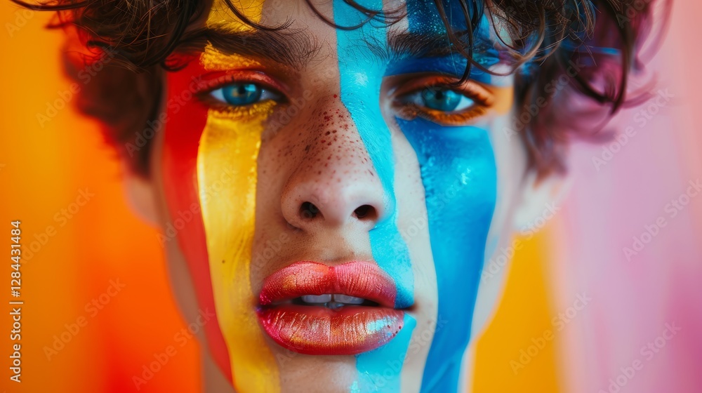 Obraz premium Vibrant Portrait: A Young Man Adorned with Bold Colorful Face Paint