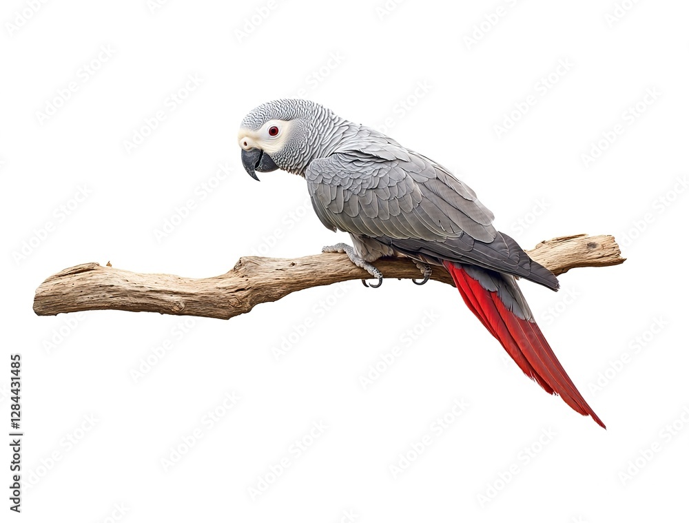 Obraz premium Realistic African Grey parrot sitting on a branch, isolated against a white background.