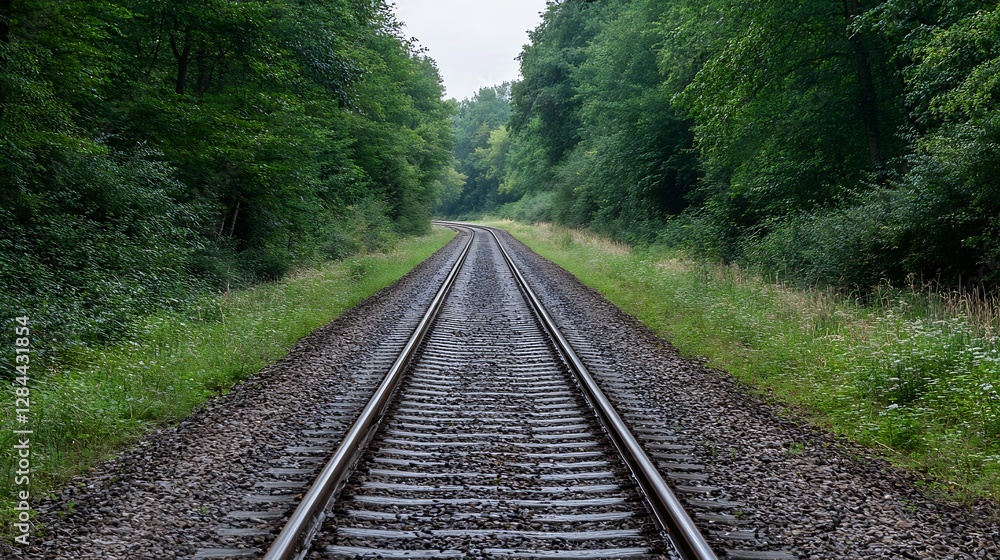 Fototapeta premium Train tracks leading through lush greenery and trees creating a serene pathway : Generative AI