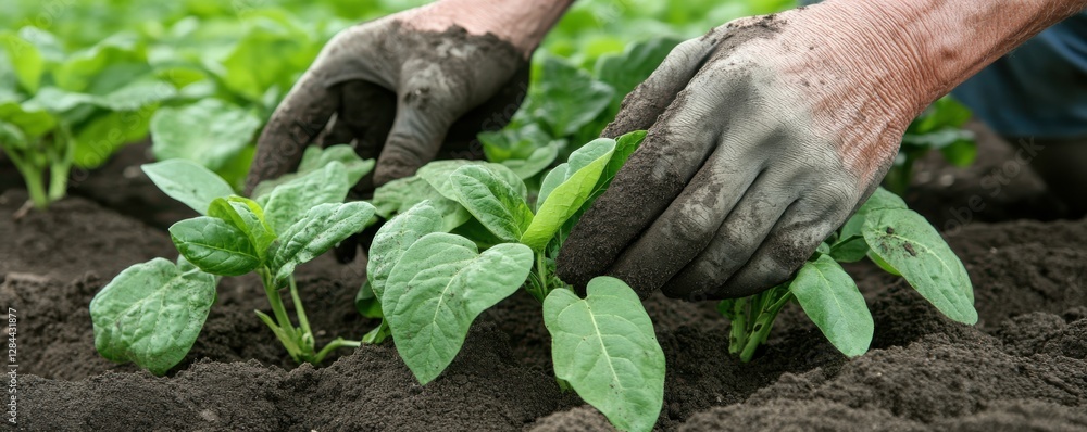 Gardener's hands planting seedlings in fertile soil with care and precision Gardener's hands planting seedlings in fertile soil with care and precision