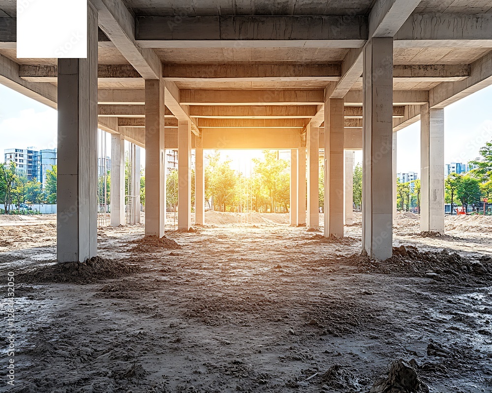 New construction site shows architectural concrete structure columns and beams New construction site shows architectural concrete structure columns and beams