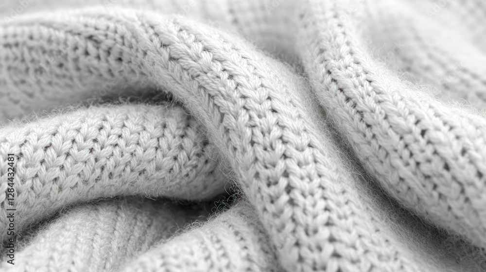 Closeup of soft, light gray knitted fabric draped. Background shows more fabric. Use for fashion, textile design Closeup of soft, light gray knitted fabric draped. Background shows more fabric. Use for fashion, textile design