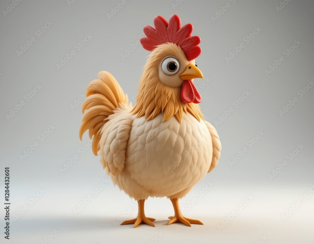 Fototapeta premium Cartoon Chicken Illustration Standing on White Background with Detailed Texture