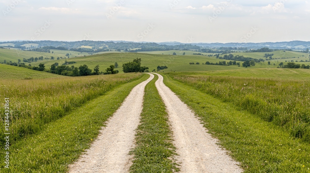 Countryside dirt road, rolling hills, summer day, travel background Countryside dirt road, rolling hills, summer day, travel background