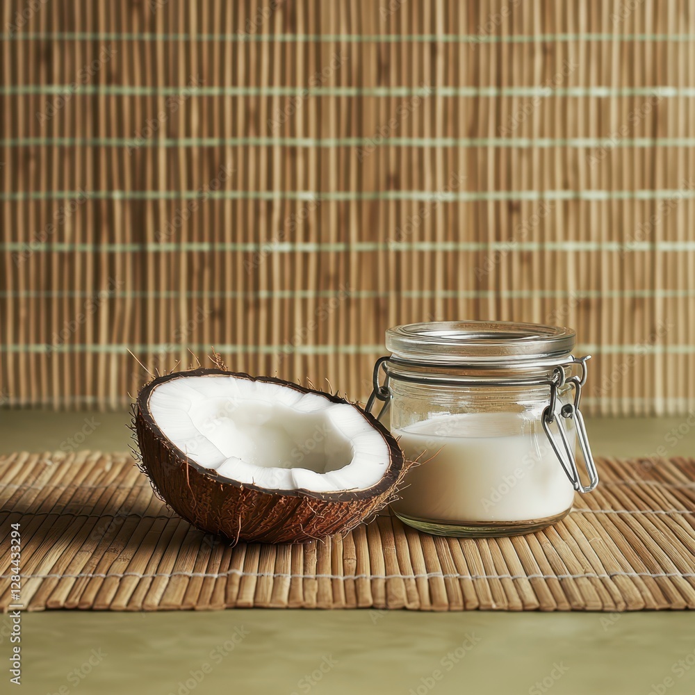 Fresh coconut halves and a glass jar of mct oil sit on a wooden table surrounded by tropical plants Fresh coconut halves and a glass jar of mct oil sit on a wooden table surrounded by tropical plants