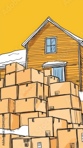 Cardboard boxes stacked high near a house in winter. Possible use for illustrating moving or storage themes