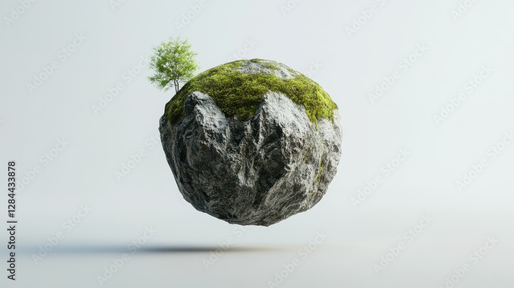 Floating rock with tree and moss in minimalist natural scene Floating rock with tree and moss in minimalist natural scene